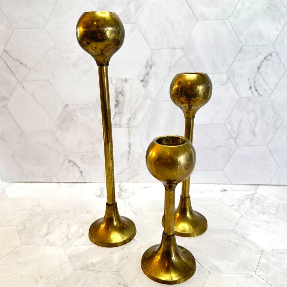 Vintage Brass Orb Candlesticks Set Of 3 Holders MCM Ball Tulip Graduated India